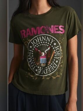 LETLUV Ramones Anthropologie Graphic Print T-Shirt Women's Sz Green, Pink, White